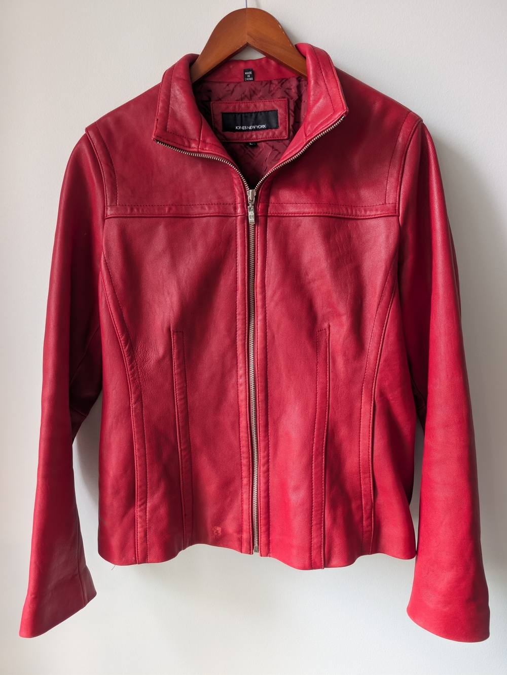Jones New York Red Genuine Leather Jacket Size L Belted Back Zip-Up